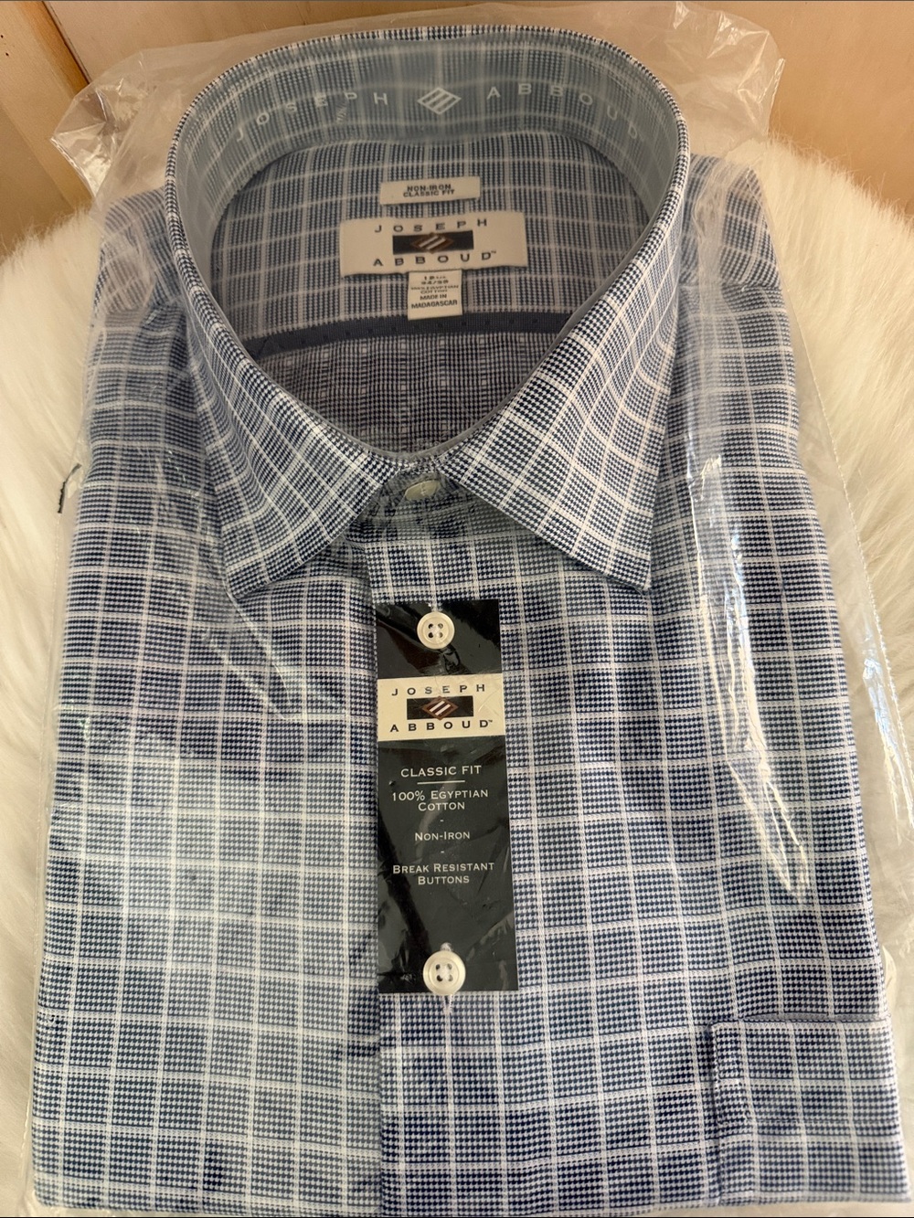 Joseph Abboud Classic Fit Egyptian Cotton Blue and White Windowpane Dress Shirt